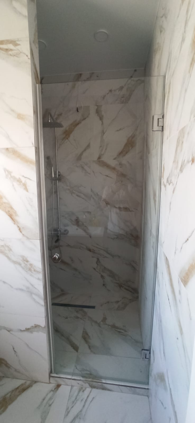 душевая угловая трапеция нестандартная золотая фурнитура матовое стекло