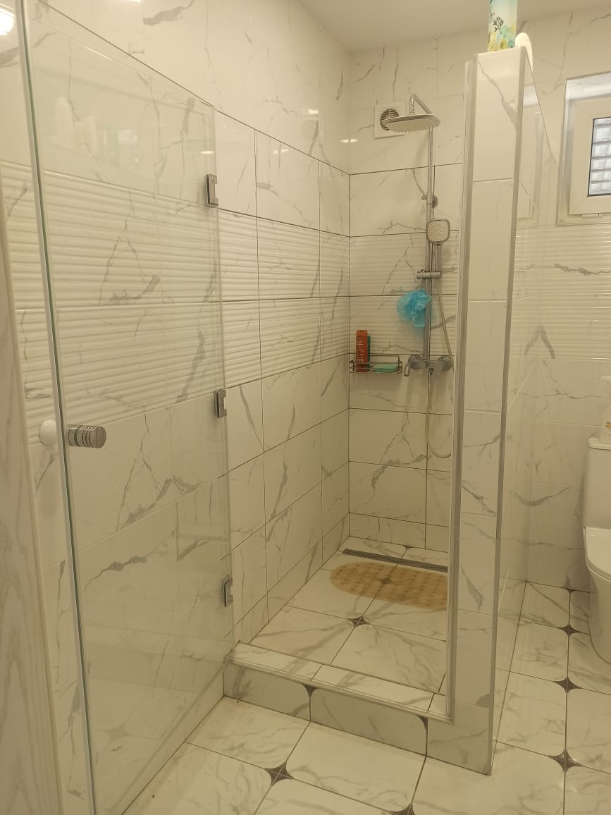 душевая угловая трапеция нестандартная золотая фурнитура матовое стекло